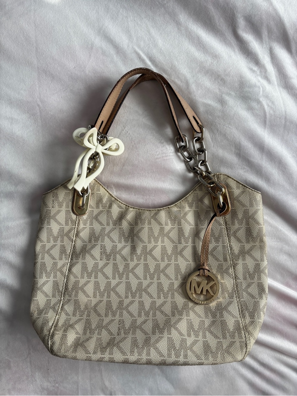 Michael Kors Beige Logo Canvas Shoulder Bag with Gold-Tone Hardware
